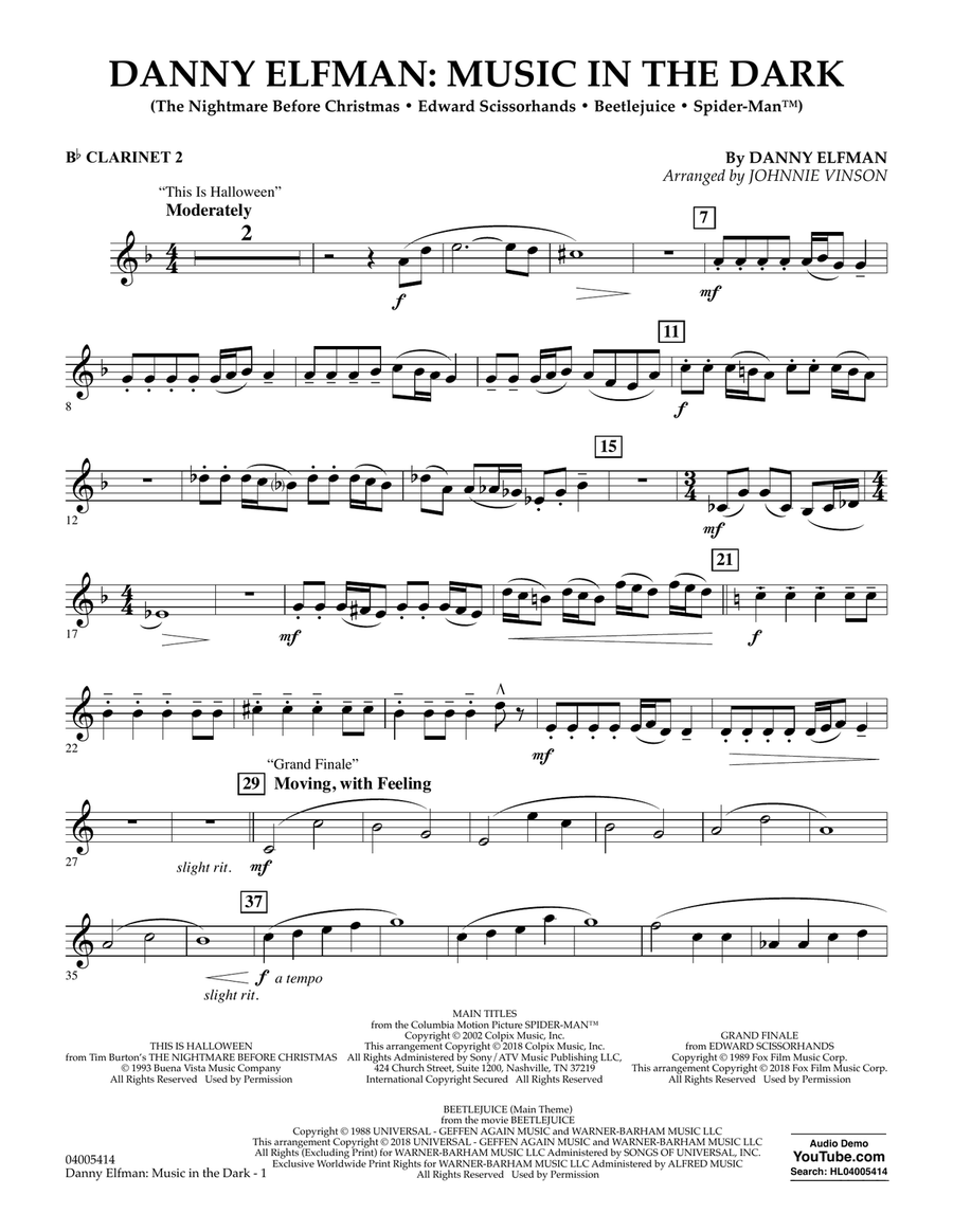 Danny Elfman: Music in the Dark - Bb Clarinet 2 Concert Band scores gallery preview page 1