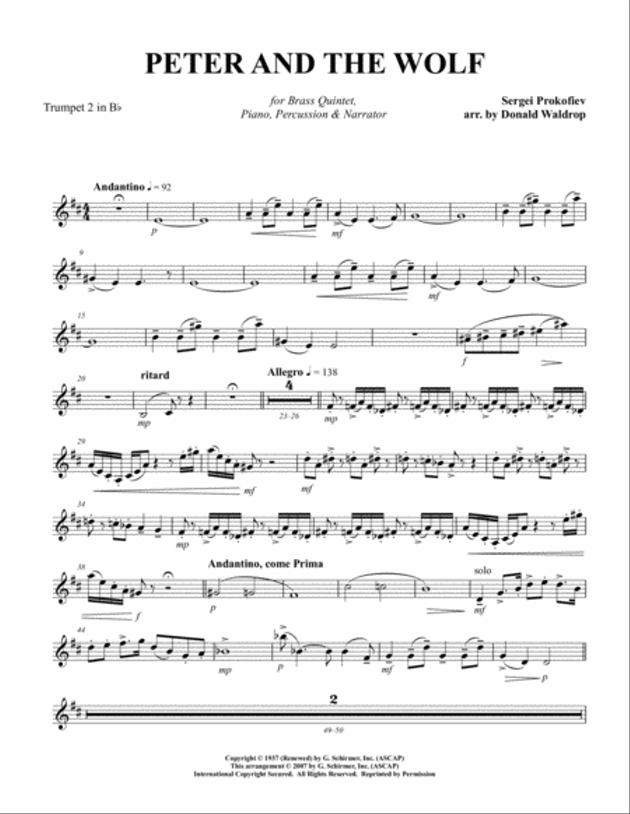 Peter and the Wolf for Brass Quintet Piano Percussion and