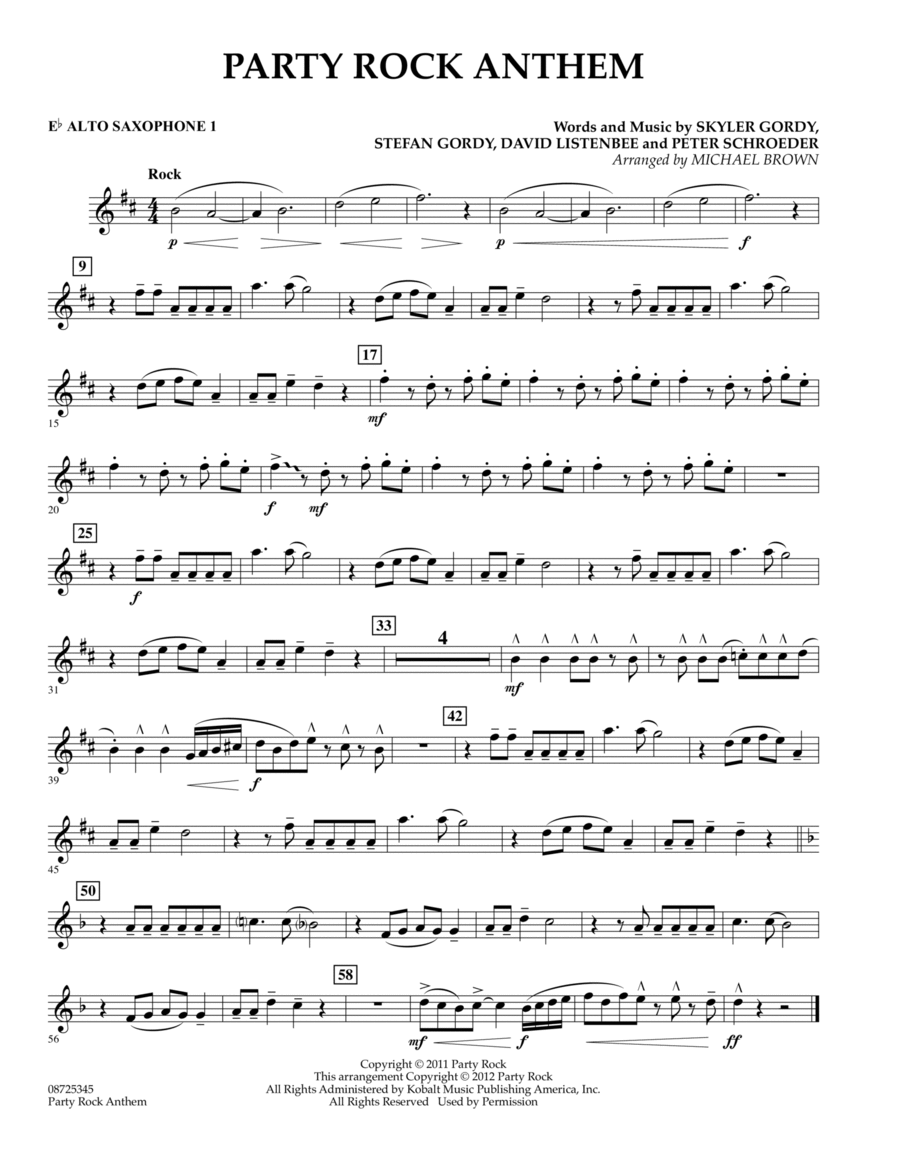 Party Rock Anthem - Eb Alto Saxophone 1 Concert Band scores gallery preview page 1