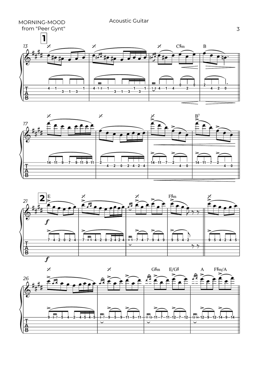 MORNING-MOOD - EDVARD GRIEG – GUITAR TABLATURE Acoustic Guitar scores gallery preview page 3