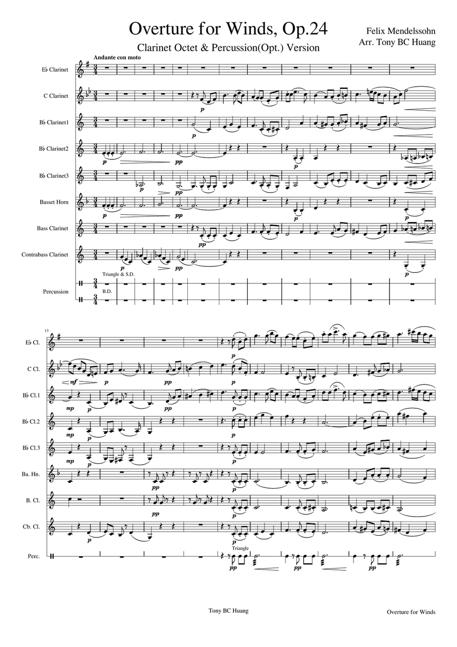 Mendelssohn: Overture for Winds Op.24 for Clarinet Choir Clarinet Choir scores gallery preview page 1
