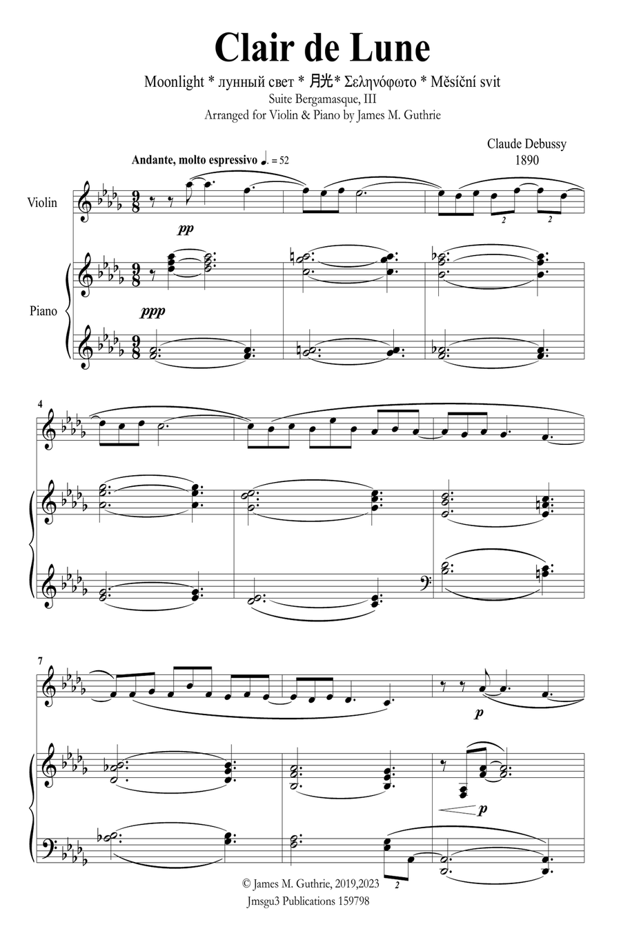Debussy: Claire de Lune for Violin & Piano Violin Solo scores gallery preview page 1