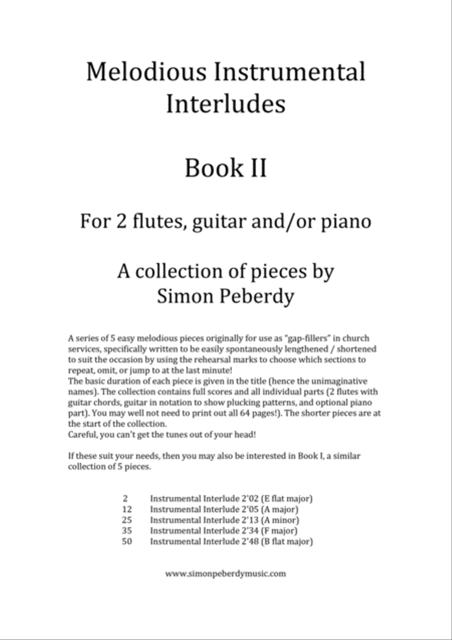 Instrumental Interludes, Book 2 (5 pieces), for 2 flutes, guitar and/or piano by Simon Peberdy image number null