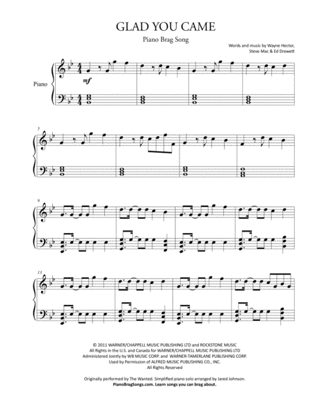 Glad You Came by The Wanted Piano Solo - Digital Sheet Music