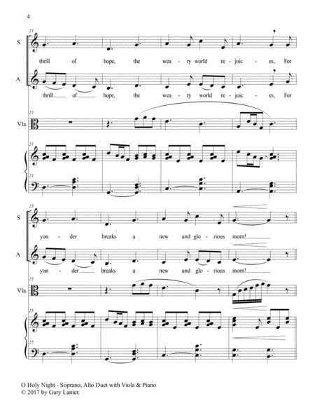 O HOLY NIGHT (Soprano, Alto Duet with Viola & Piano - Score & Parts included) image number null