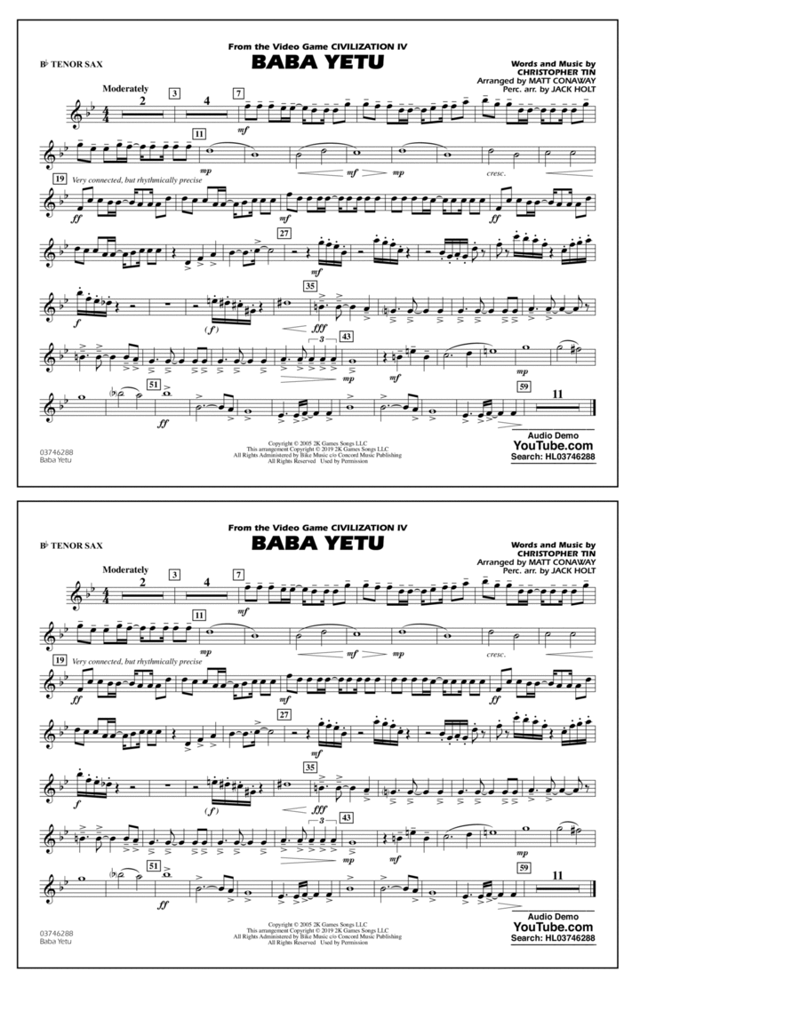 Baba Yetu (from Civilization IV) (arr. Matt Conaway) - Bb Tenor Sax