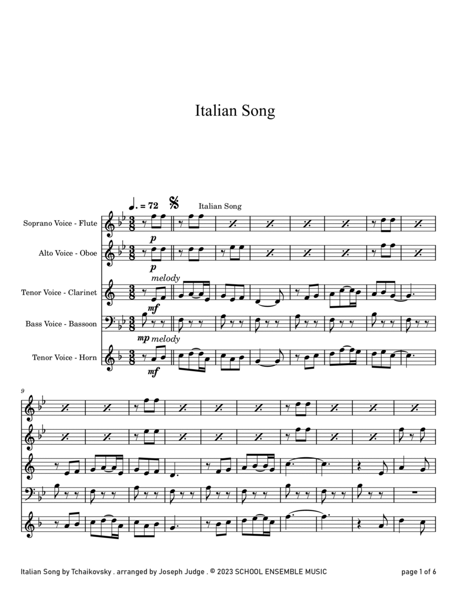 Italian Song by Tchaikovsky for Woodwind Quartet in Schools Woodwind Quartet scores gallery preview page 1