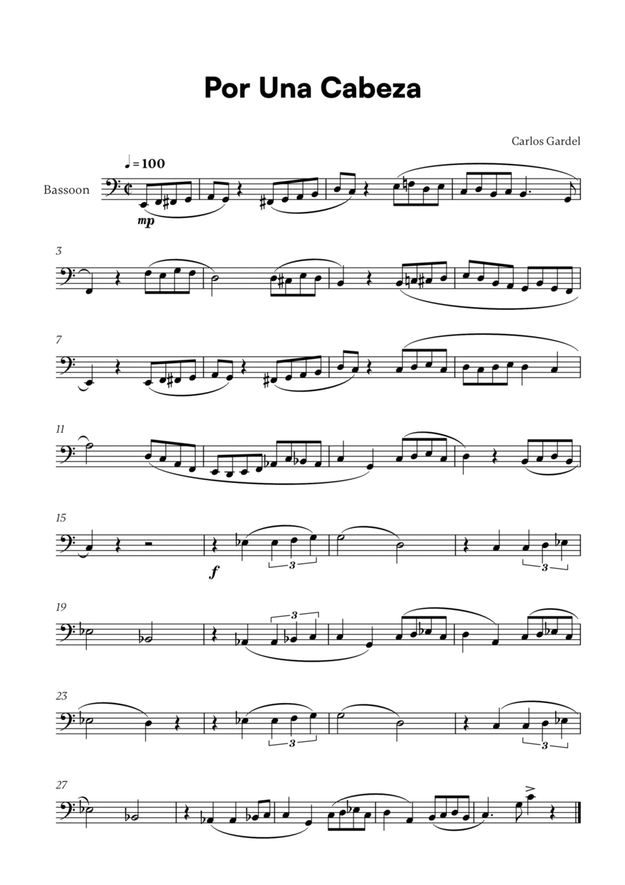 Carlos Gardel - Por Una Cabeza for Bassoon Solo Bassoon Solo scores gallery preview page 1
