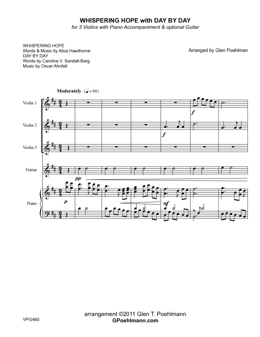 WHISPERING HOPE with DAY BY DAY - 3 Violins & Guitar with Piano accompaniment Small Ensemble scores gallery preview page 1