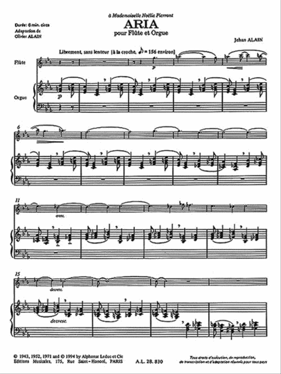 Aria, Adaption For Flute And Organ By Olivier Alain Flute Solo scores gallery preview page 3