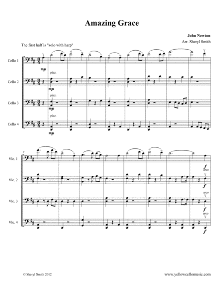 Amazing Grace for four cellos (cello quartet) Cello scores gallery preview page 1