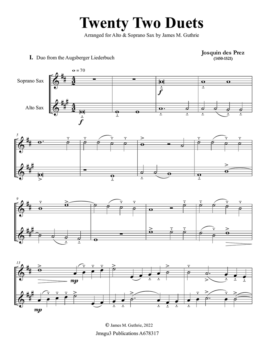 Josquin: 22 Duets for Soprano & Alto Sax Woodwind Duet scores gallery preview page 1
