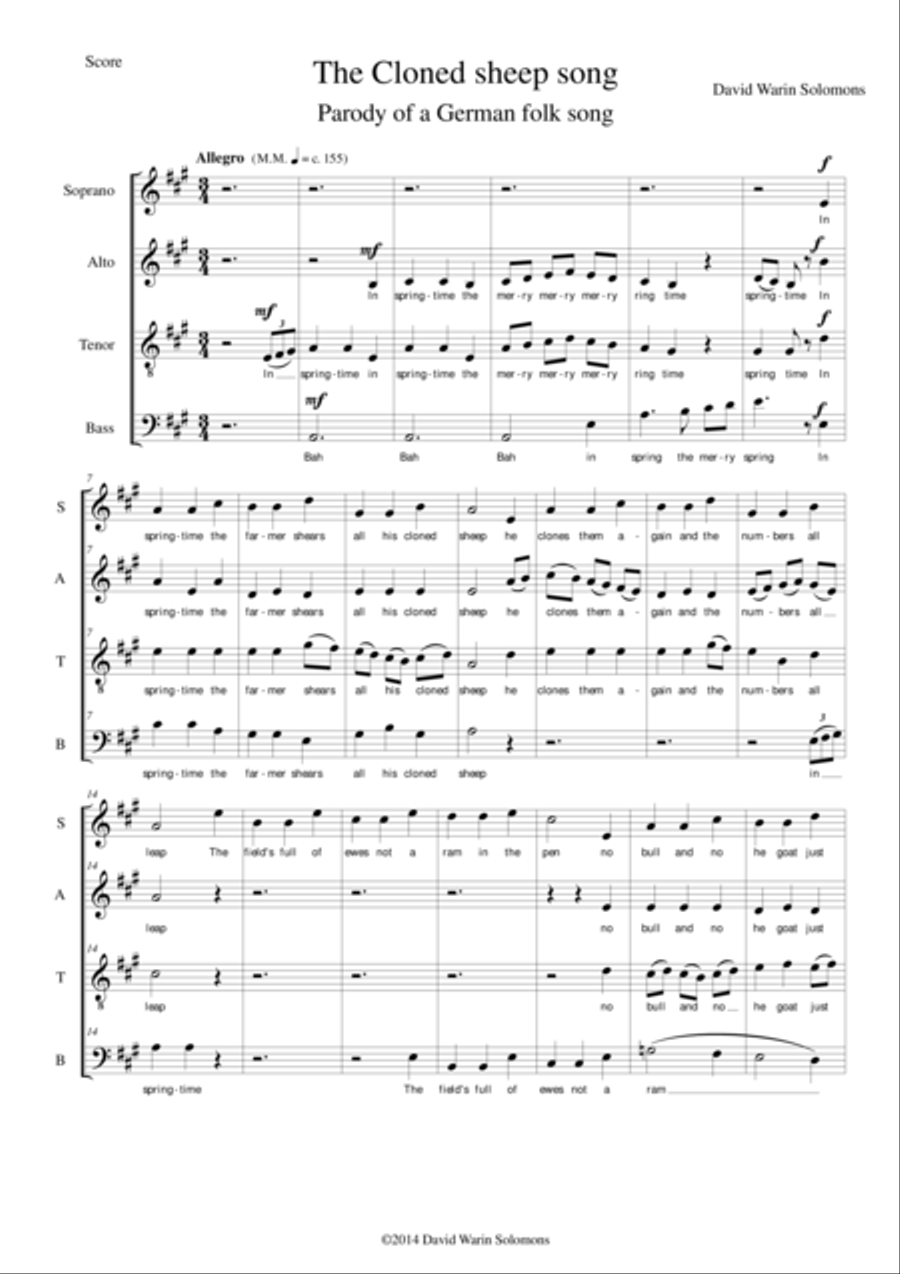 The Cloned sheep song for mixed choir (SATB) 4-Part scores gallery preview page 1