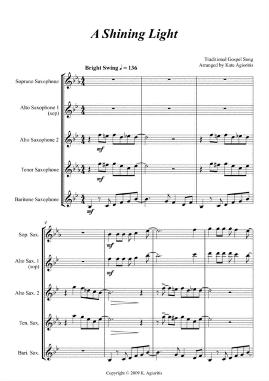 A Shining Light (This Little Light of Mine) - For Saxophone Quartet Saxophone Quartet scores gallery preview page 2