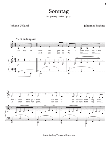 BRAHMS: Sonntag, Op. 47 no. 3 (transposed to C major)