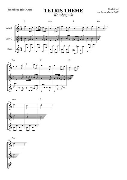 TETRIS Theme - Korobjéjniki - for Saxophone Trio AAB