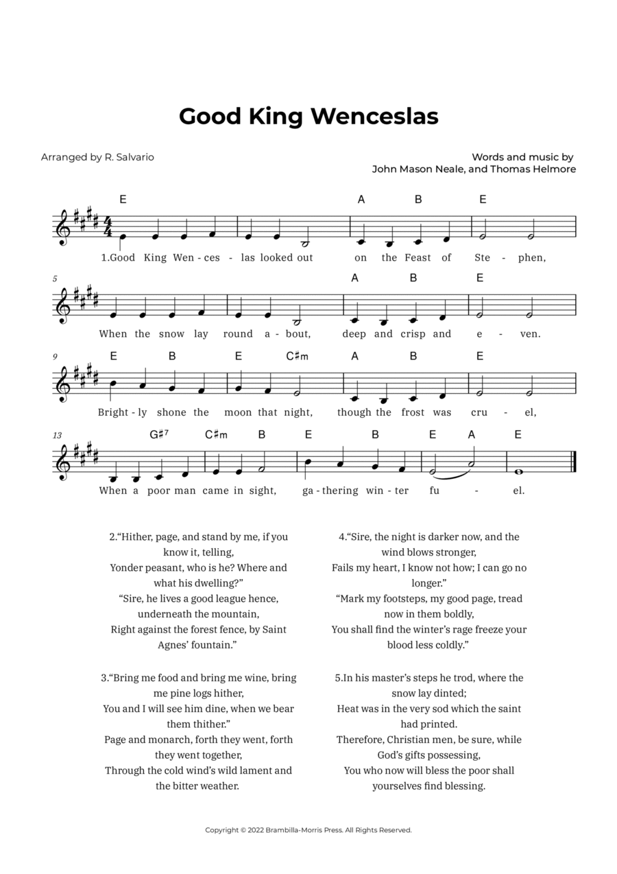 Good King Wenceslas (Key of E Major) Easy Piano scores gallery preview page 1