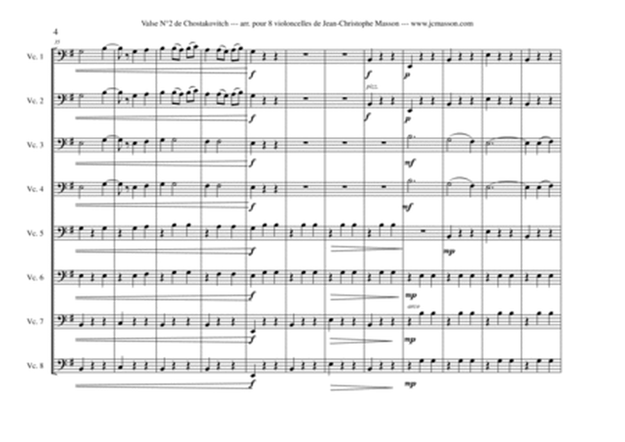 Valse n°2 by Chostakovitch for 8 cellos with 3 simplified parts --- FULL SCORE AND PARTS --- Arrang image number null