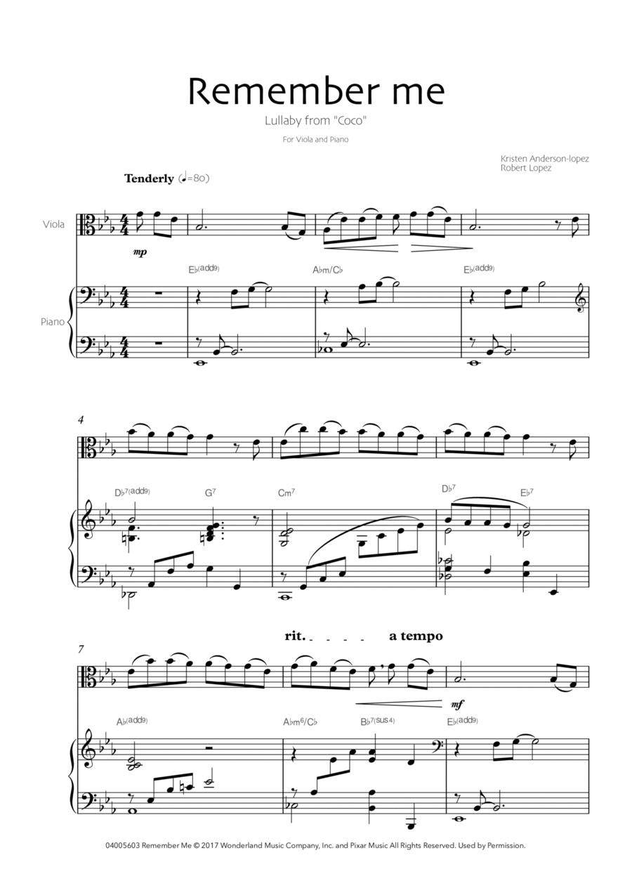 Remember Me (lullaby) Remember Me (lullaby) Viola scores gallery preview page 1
