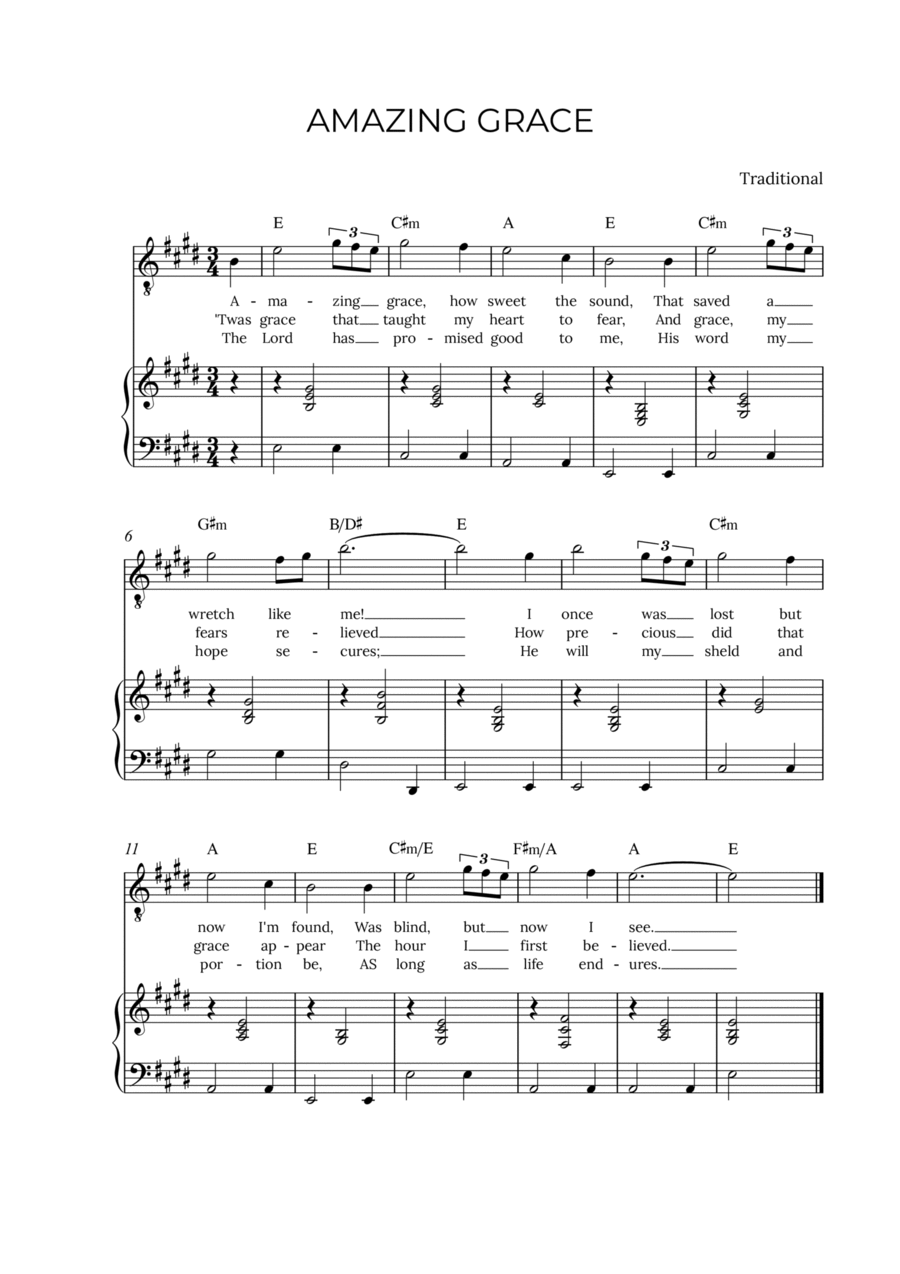 AMAZING GRACE - for piano and tenor in E major with chords Voice scores gallery preview page 1