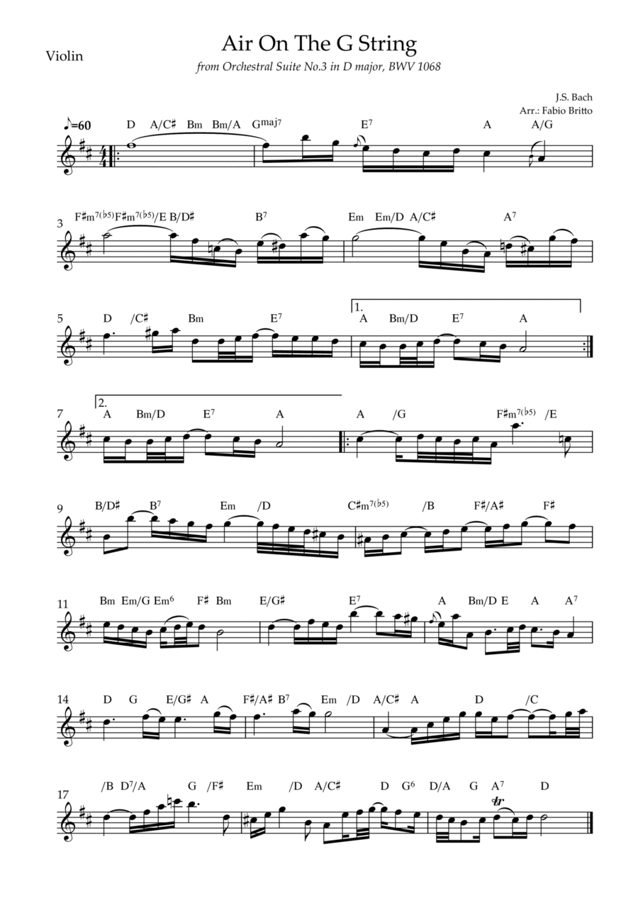 Air On The G String (J.S. Bach) for Violin Solo with Chords Violin Solo scores gallery preview page 1