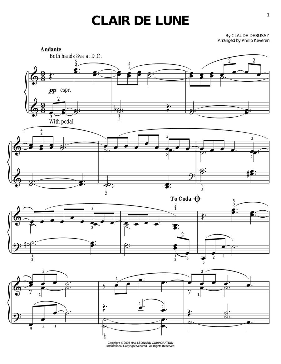 Clair de Lune (from Frankie and Johnny) (arr. Phillip Keveren) Easy Piano scores gallery preview page 1