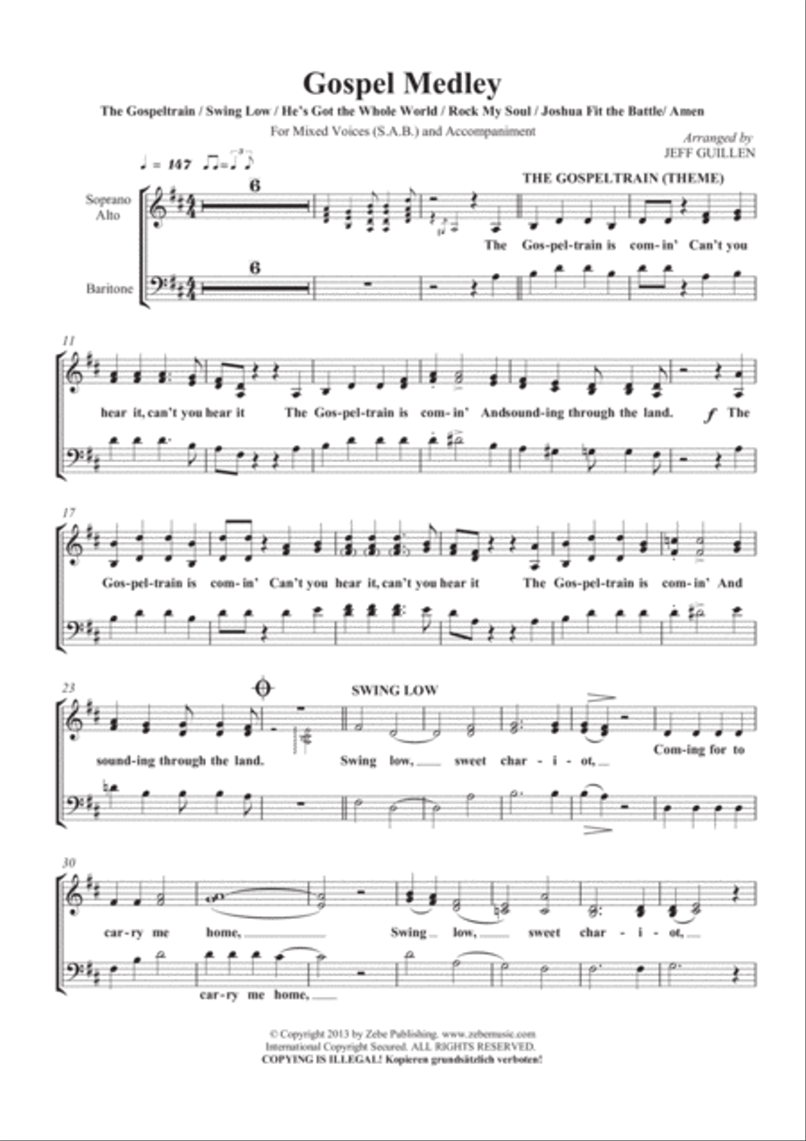 Gospel-Medley (incl. Gospeltrain, Swing Low, He's Got the Whole World, Rock My Soul, Joshua Fit the Battle) 3-Part scores gallery preview page 2