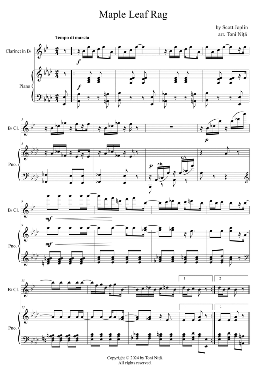 Maple Leaf Rag - Clarinet in Bb & Piano (score & parts) image number null