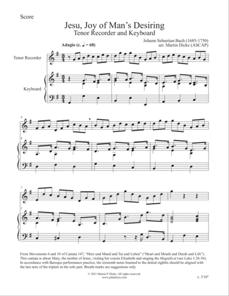 Jesu, Joy of Man's Desiring (Tenor Recorder and Keyboard) image number null