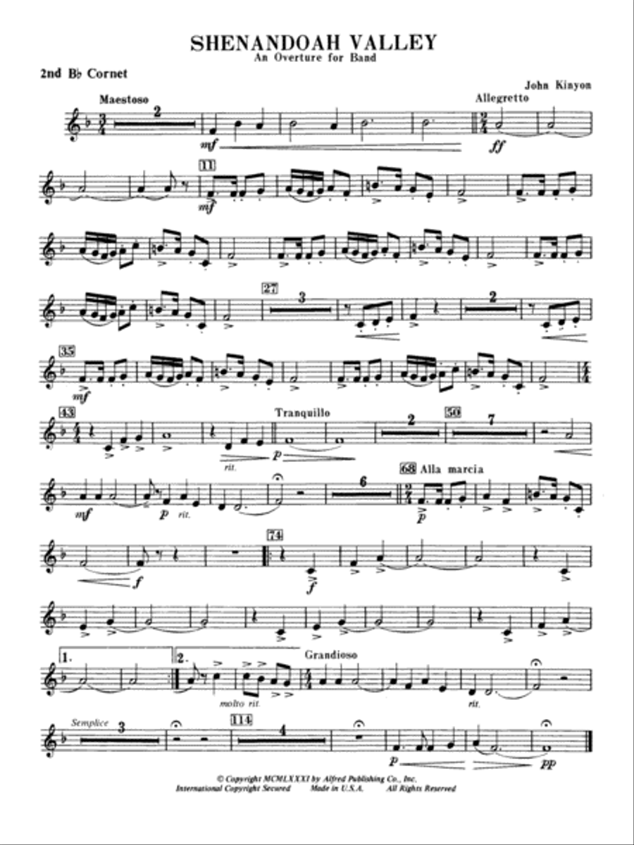 Shenandoah Valley: 2nd B-flat Cornet Concert Band scores gallery preview page 1