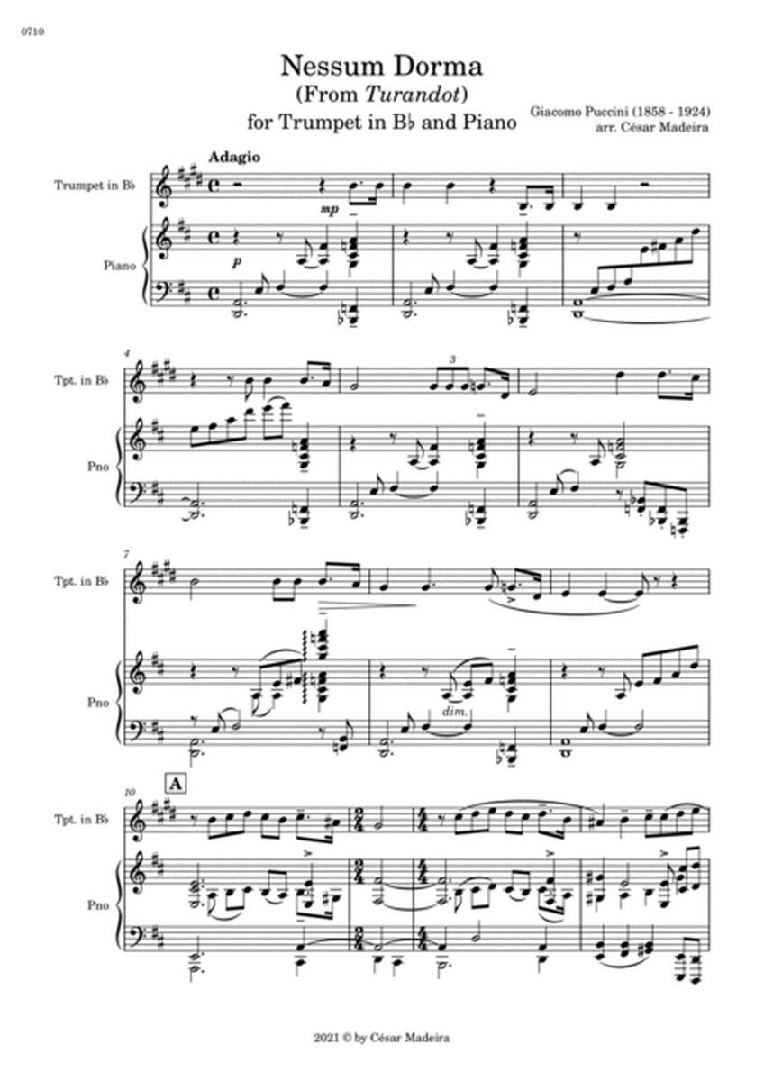 Nessun Dorma by Puccini - Bb Trumpet and Piano (Full Score and Parts) image number null