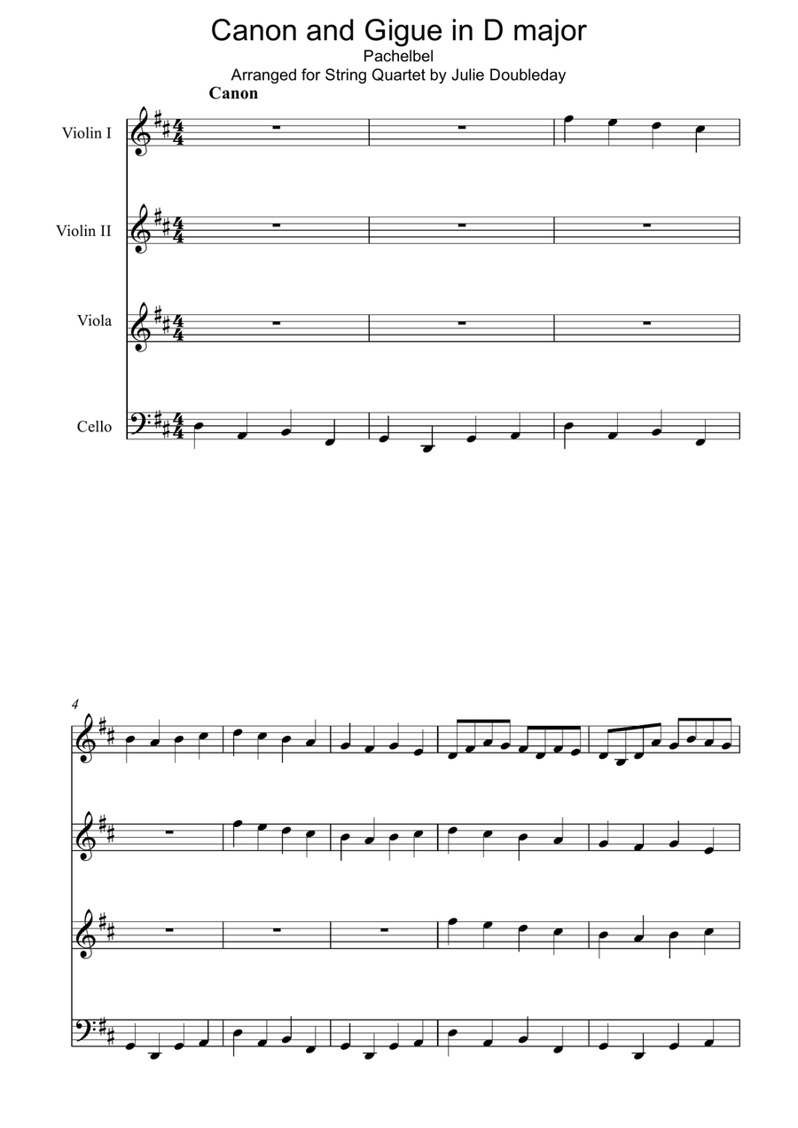Pachelbel: Canon and Gigue for String Quartet - Score and Parts String Quartet scores gallery preview page 1