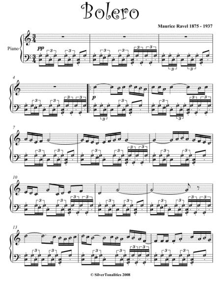 Bolero Easy Intermediate Piano Sheet Music