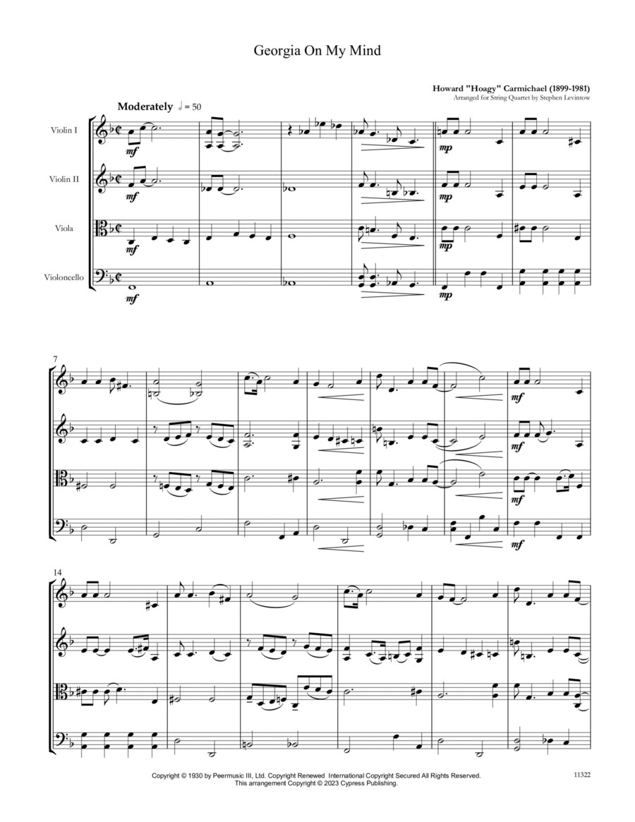 Georgia On My Mind String Quartet scores gallery preview page 1