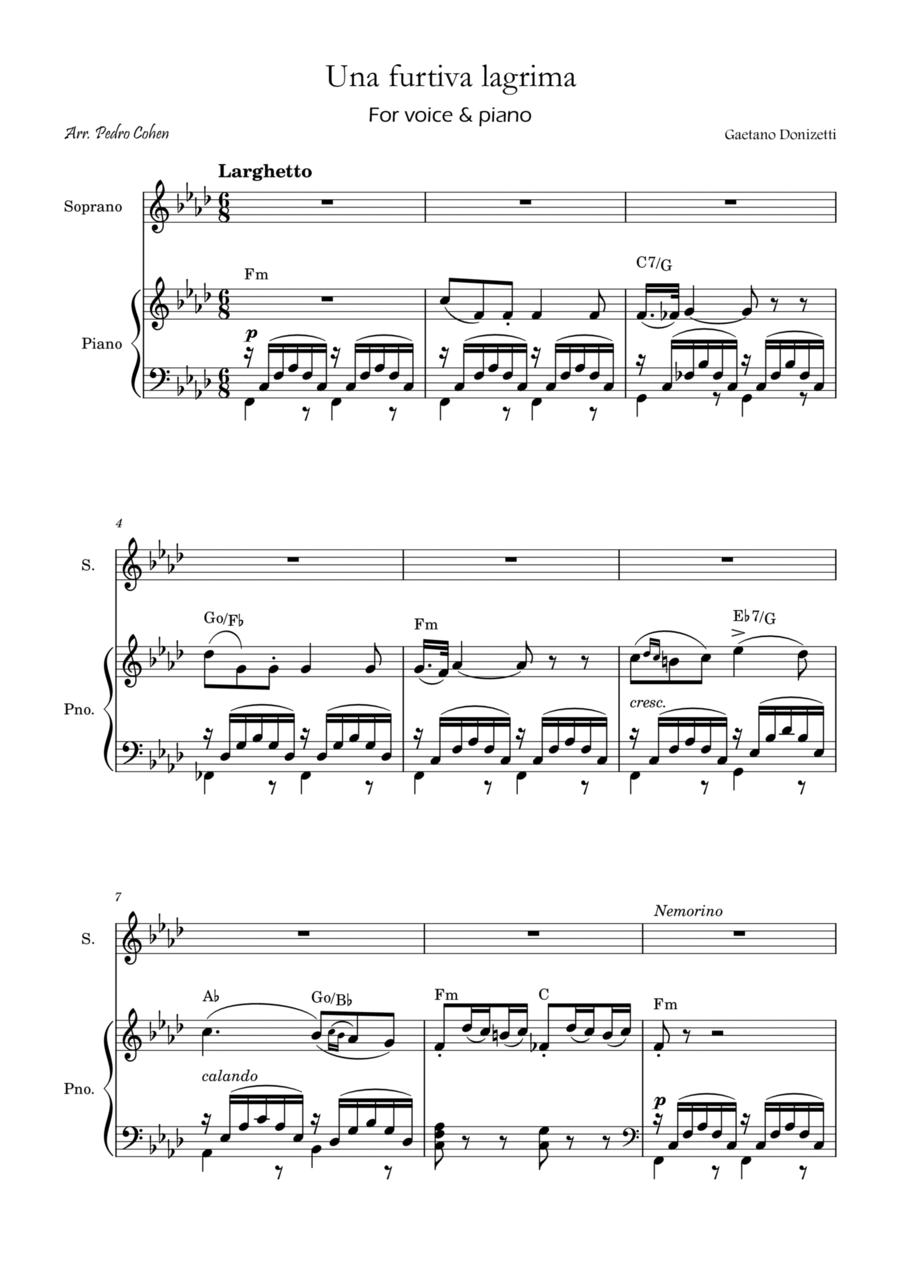 Una Furtiva Lagrima (Soprano in Fm) Piano, Vocal, Guitar scores gallery preview page 1