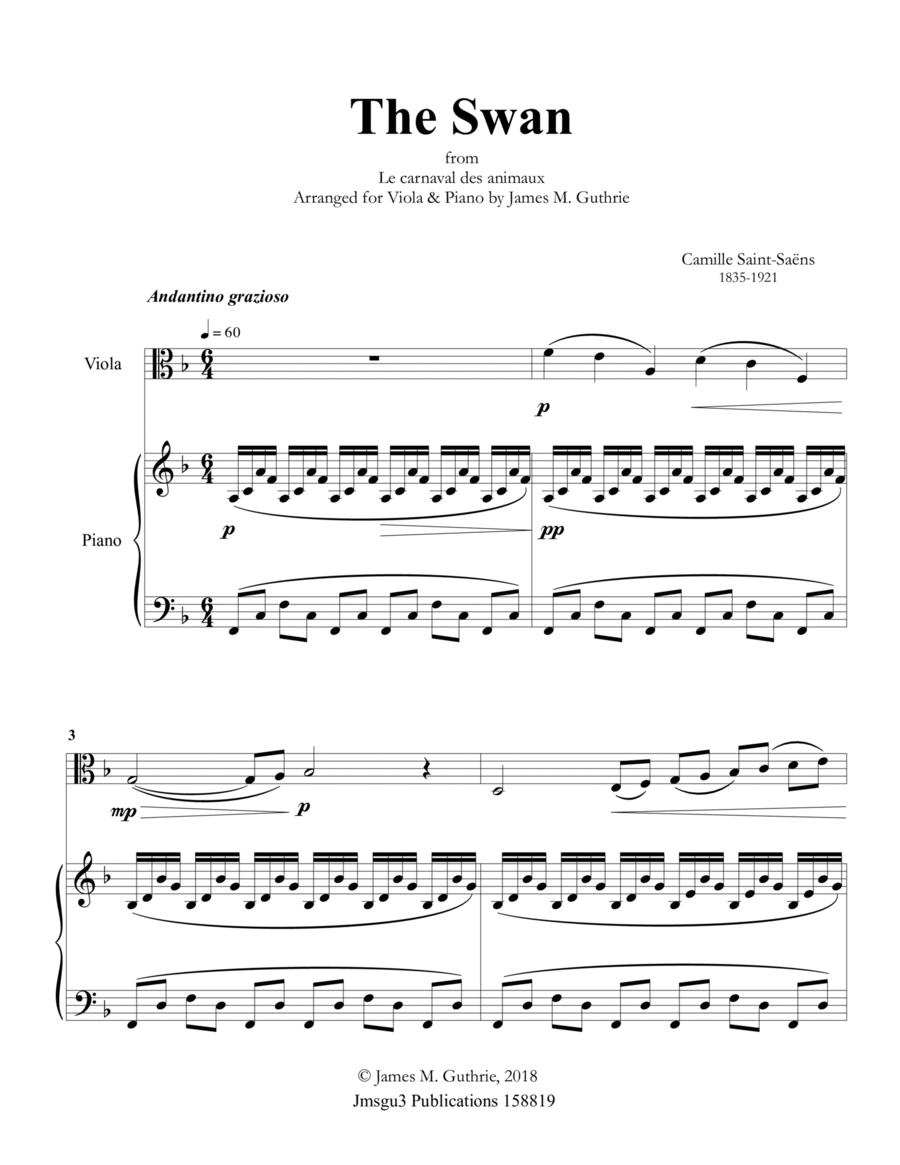 Saint-Saëns: The Swan for Viola & Piano Viola scores gallery preview page 1