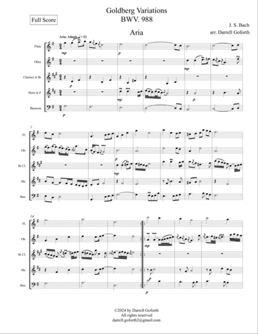 Goldberg Variations, BWV 988, Aria and Variations 1 - 5 Woodwind Quintet scores gallery preview page 2