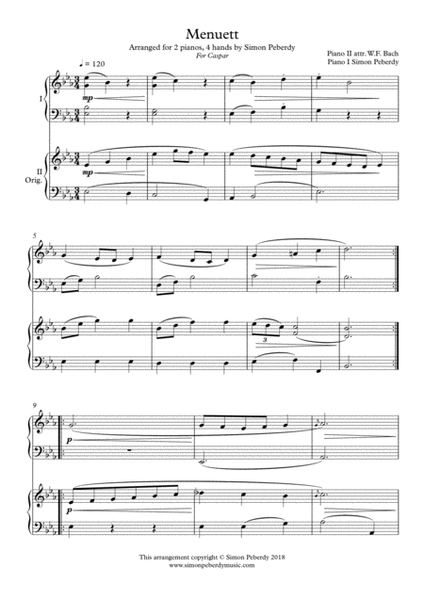 Menuett (W.F. Bach) for 2 pianos (additional piano part by Simon Peberdy). Easy music for 2 pianos image number null