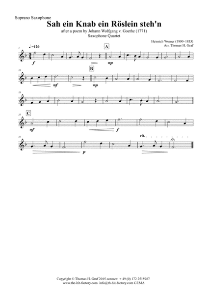 Sah ein Knab ein Roeslein stehn - German Folk Song - Saxophone Quartet image number null