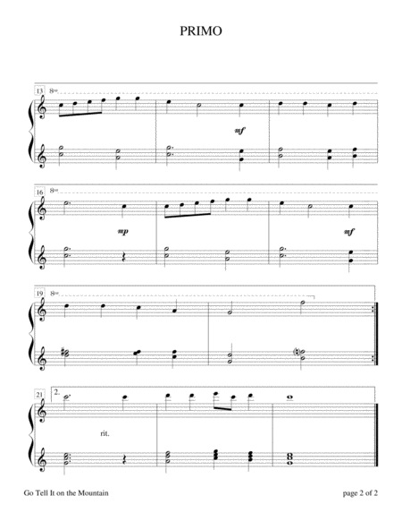 Go, Tell It on the Mountain (Intermediate Piano Duet - 1 Piano, 4 Hands) by Sharon Wilson 1 Piano, 4-Hands - Digital Sheet Music