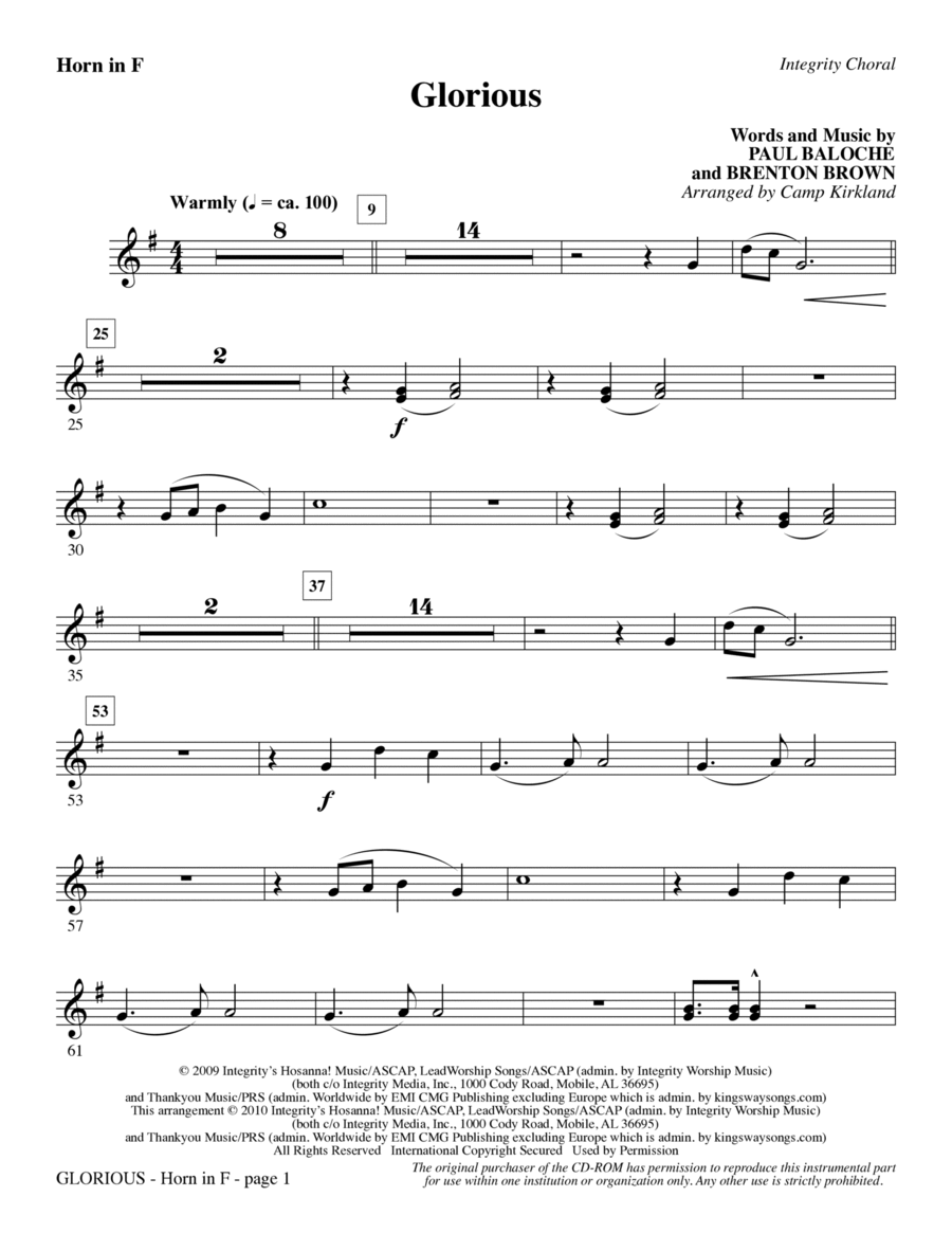 Glorious - F Horn 1 Choir scores gallery preview page 1