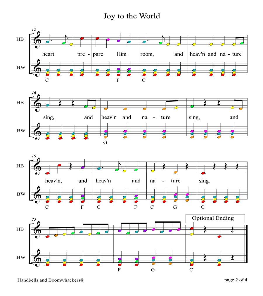 Joy to the World for 8-note Bells and Boomwhackers (with Color Coded Notes) image number null