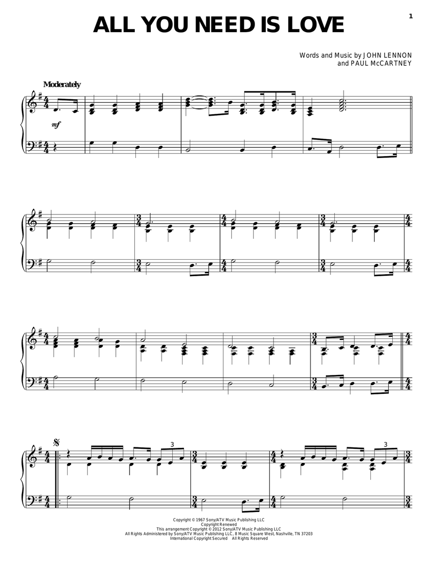 All You Need Is Love Piano Solo scores gallery preview page 1