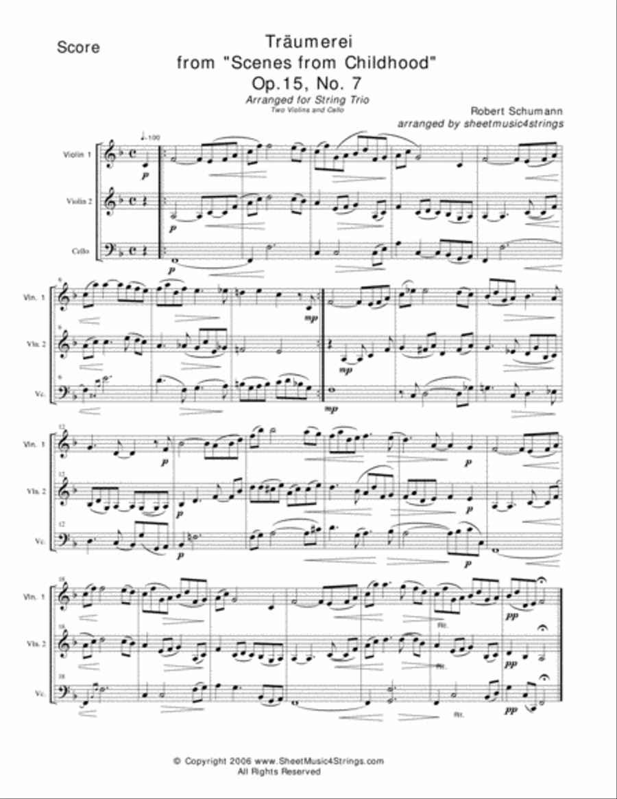 Schumann, R. - Traumerei for Two Violins and Cello String Trio scores gallery preview page 1