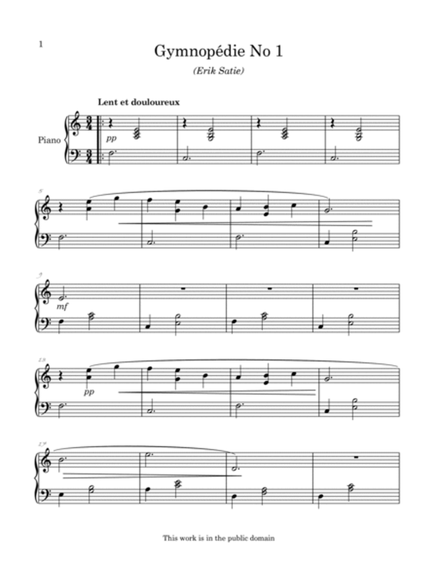 Erik Satie's Gymnopedie No1 arranged for easy piano image number null