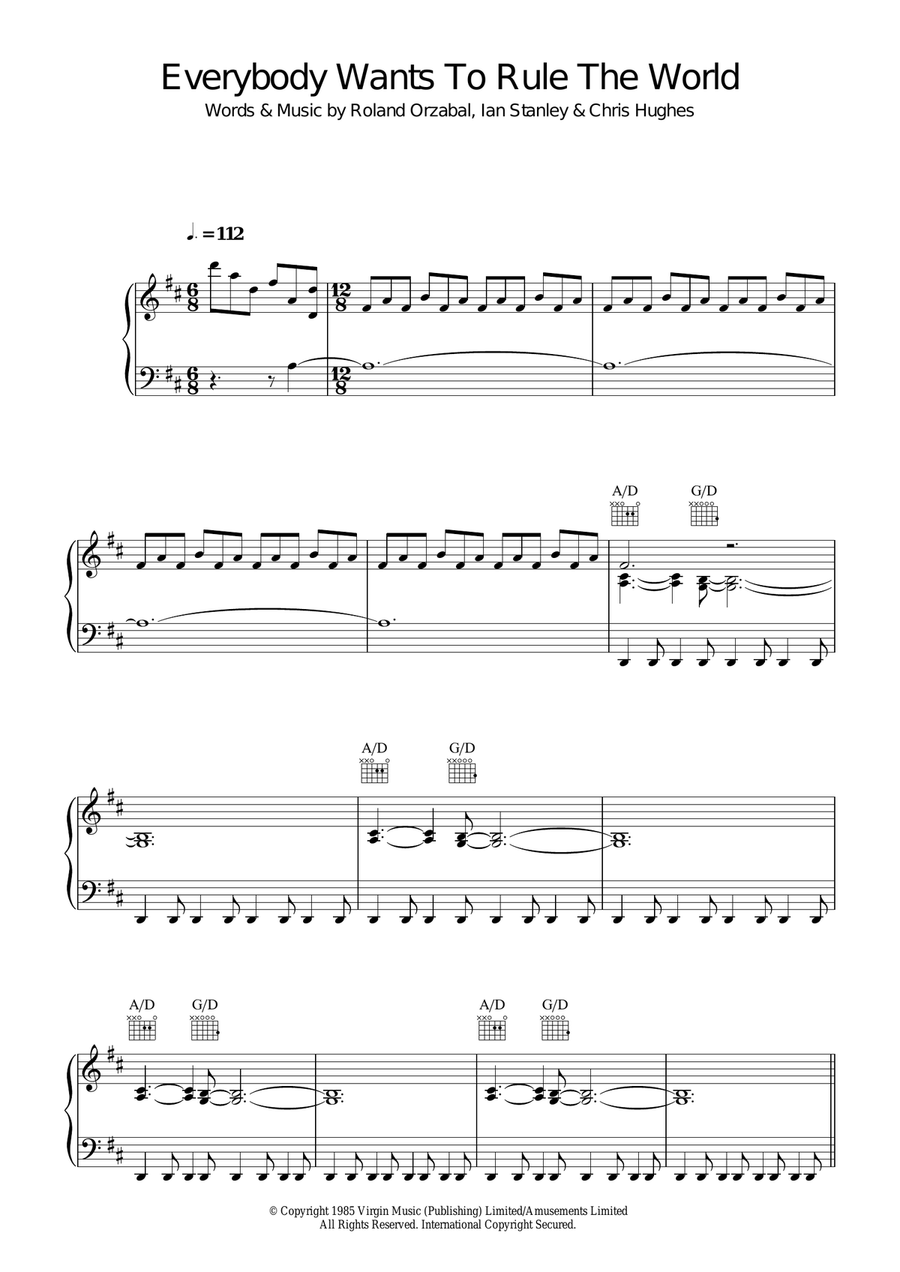 Everybody Wants To Rule The World Piano, Vocal, Guitar scores gallery preview page 1