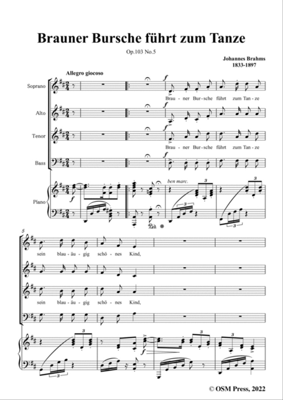 Brahms-Brauner Bursche fuhrt zum Tanze,Op.103 No.5,in D Major Voice scores gallery preview page 3