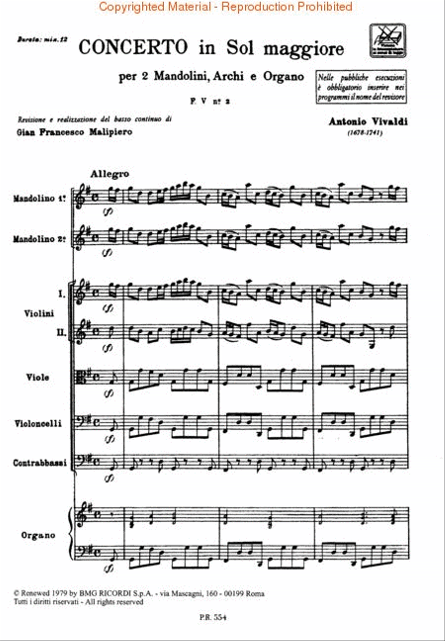 Concerto in G Major for 2 Mandolins Strings and Basso Continuo RV532 Orchestra scores gallery preview page 2