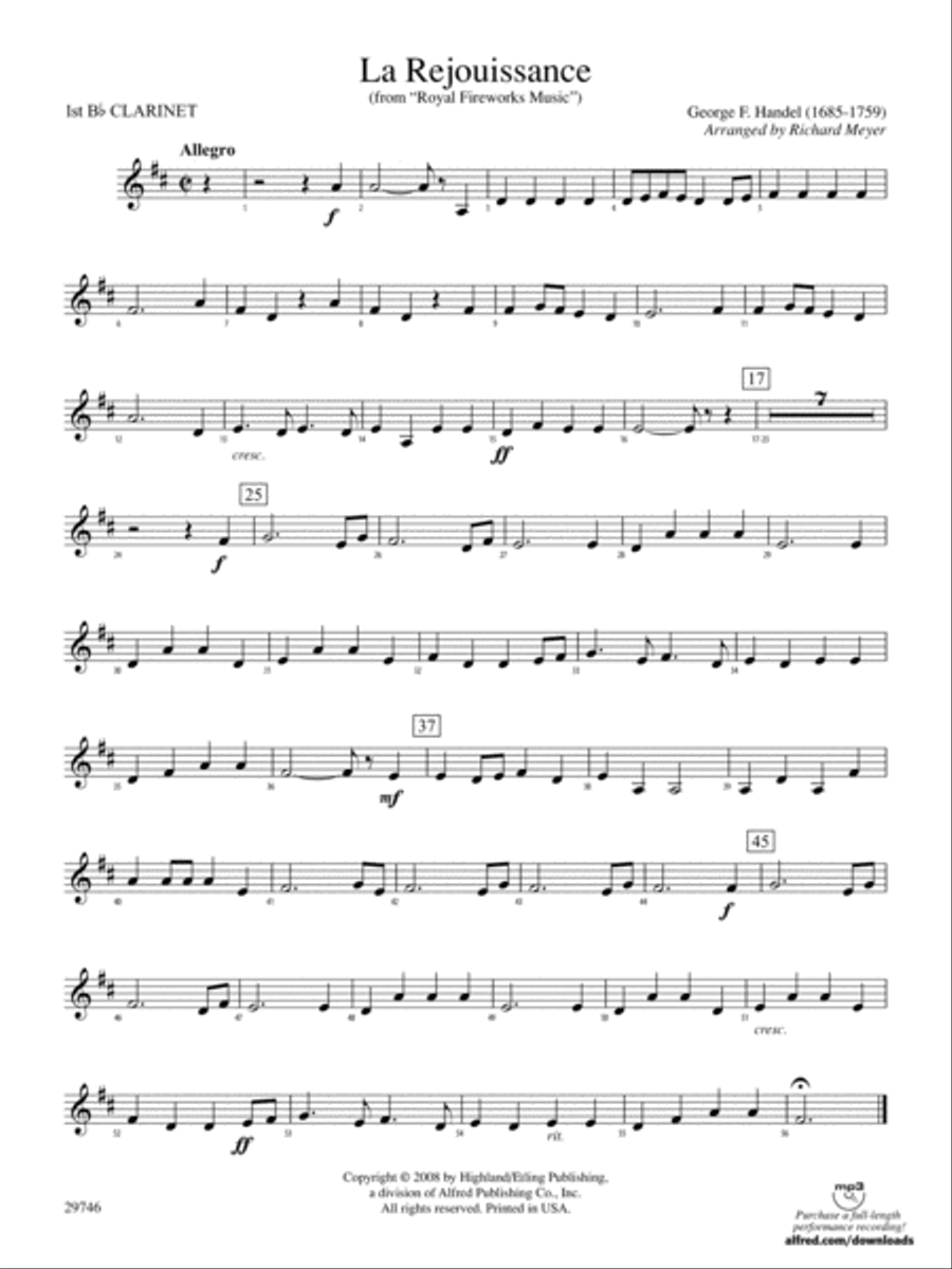 La Rejouissance (from Royal Fireworks Music): 1st B-flat Clarinet Full Orchestra scores gallery preview page 1