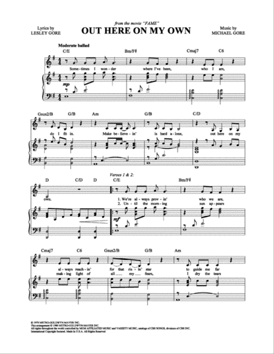 Out Here On My Own Piano, Vocal, Guitar scores gallery preview page 1